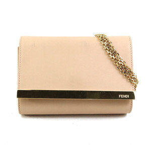 FENDI Crossbody Shoulder Bag Leather Metal Pink Beige Tan Gold